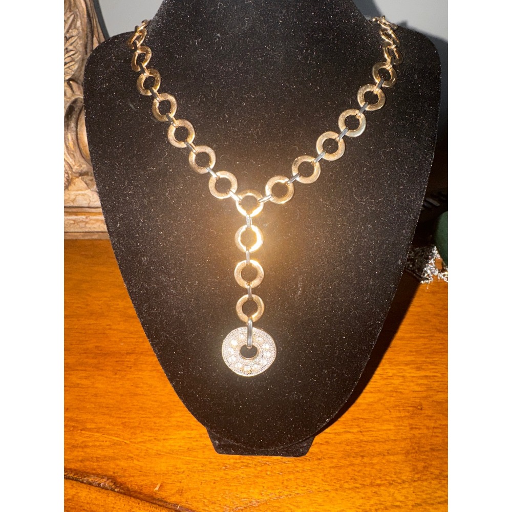 Gold Tone Circle Link Y Necklace‎ Rhinestone Pendant Statement Jewelry - Picture 3 of 6